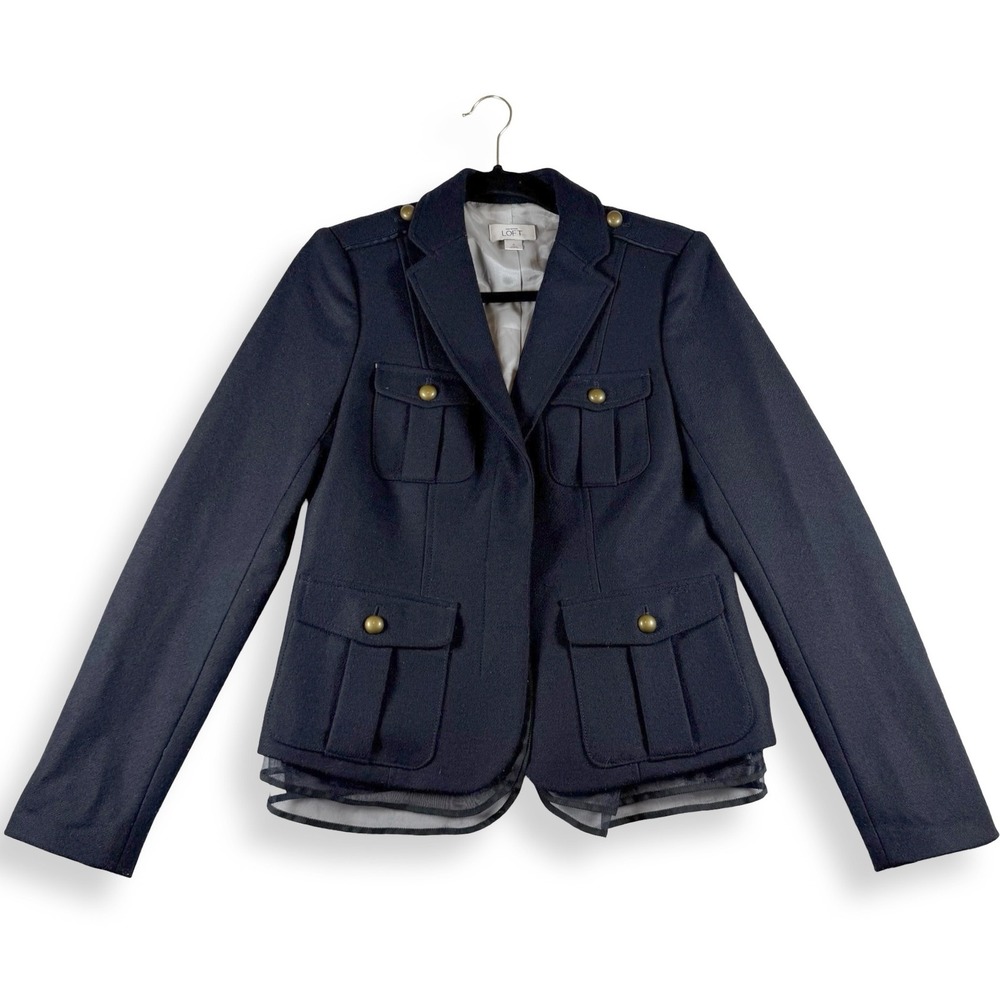 Ann Taylor Loft Womens 6 Navy Wool Blend Military Blazer Brass Buttons Jacket